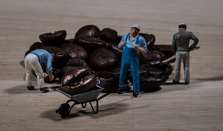 dělník, káva, kávová zrna, Kavárna, kolečko, miniatury