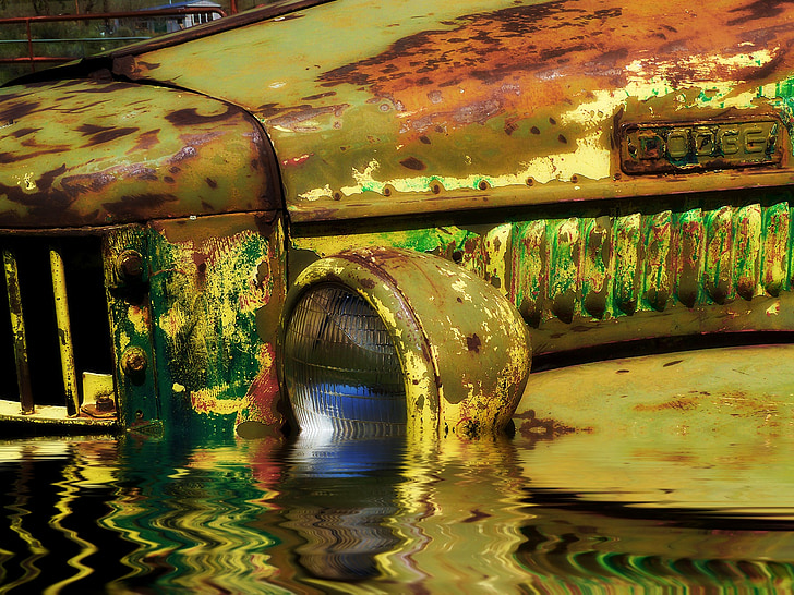 flooded, old rusty car, truck, vehicle, old timer, automobile, vintage