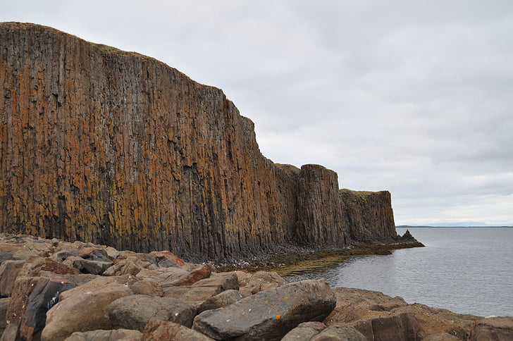 Islândia, praia, água, rocha, pedras, parede íngreme