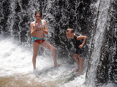 refreshing, water, waterfall, children, play, swimsuit, cascade
