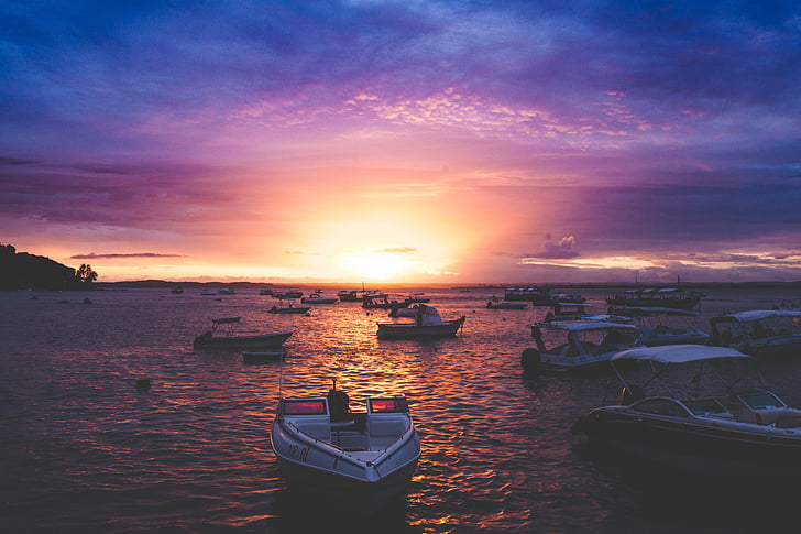 white, boat, sea, shore, cloud, sunset, dawn