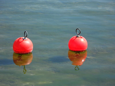 buoys, pier, port, two pair, mirroring, water, lake