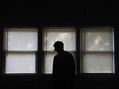 dark, indoors, person, silhouette, solo, window blinds, windows