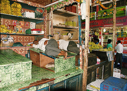 Índia, Mumbai, trabalho, pausa, descanso, sono, produtos hortícolas