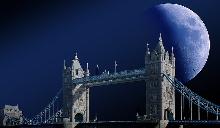 Tower bridge, Lontoo, Moon, zoom, pilvet, taivas, teleobjektiivi