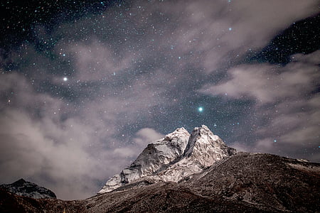 nature, landscape, mountains, night, sky, clouds, stars