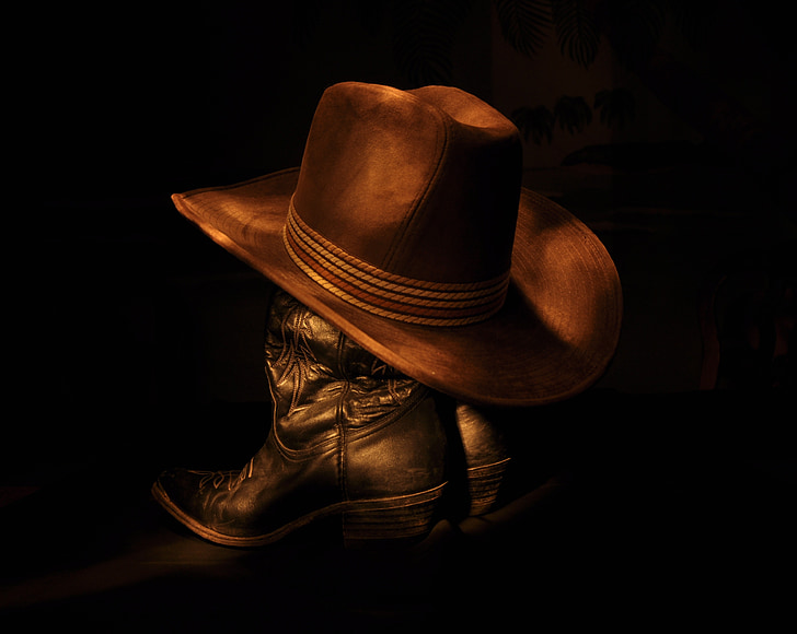 Cowboy, hat, støvler, sort, brun, lys maleri, vilde Vesten