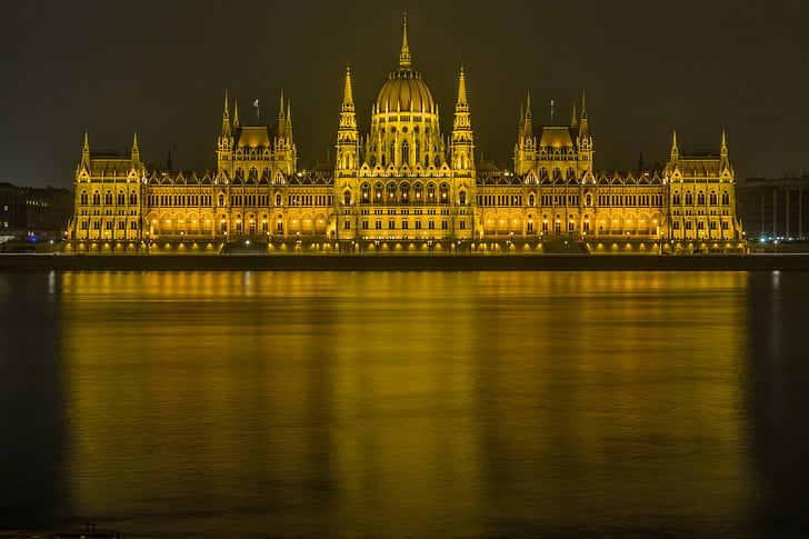 Budimpešta, Donave, Parlament, Madžarski Parlament stavbe, vode, Slika ponoči, reka