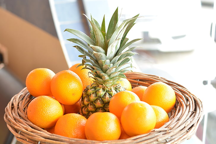 apelsīni, augļi, vitamīnu, ananāsu, grozs, oranžs - augļi, pārtikas produkti un dzērieni