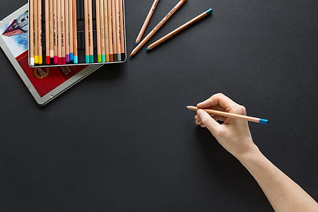 colored pencils, coloured pencils, hand, paper, write