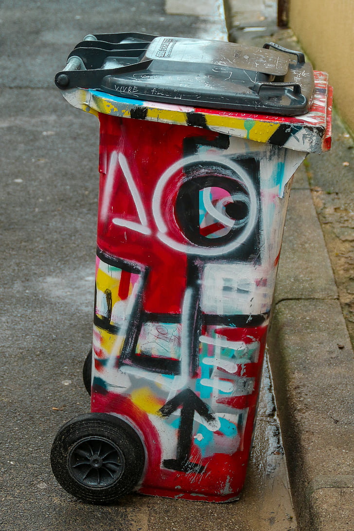 graffiti, garbage can, waste bins, ton