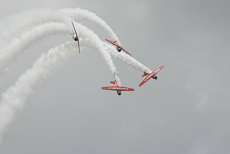 quatro, vermelho, avião, esteira de fumaça, dia, nuvem, aviões