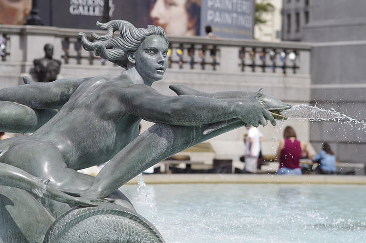 Praça Trafalgar, fonte, turistas, Londres, beleza, Senhora, água