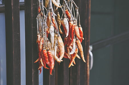chilipeppar, torkade, mat, hängande, fisk och skaldjur, marknaden, kött