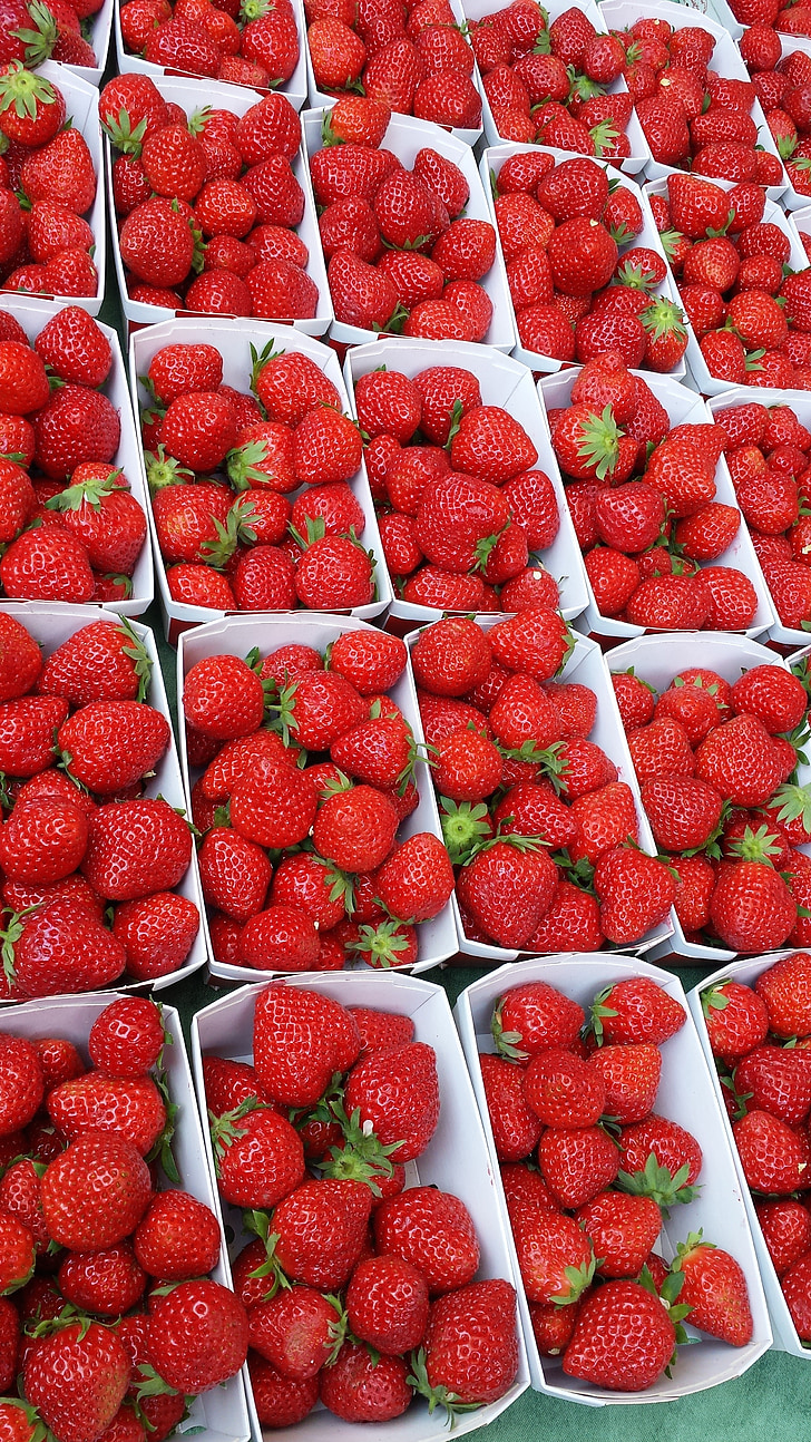strawberries, market, fruit, red, summer, strawberry, fresh