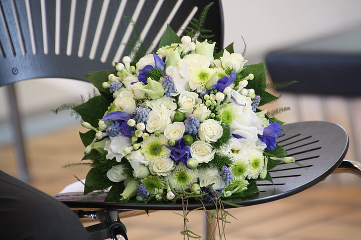 casamento, buquê, bouquet de noiva, levantou-se, Branco, azul, flores
