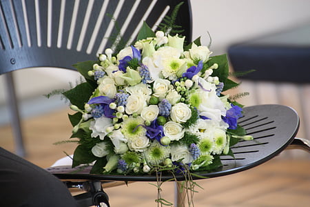 bröllop, bukett, brudbukett, ökade, vit, blå, blommor