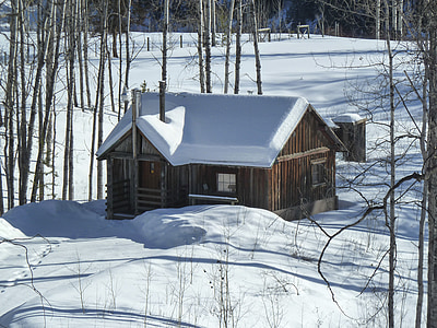 téli, szezon, hó, hideg, régi faház, épület, gerendaház