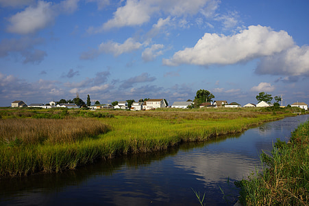 river, town, grass, marshland, clouds, reflection, buildings