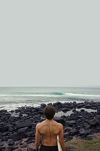 Beach, ember, óceán, személy, sziklák, tenger, szörfös