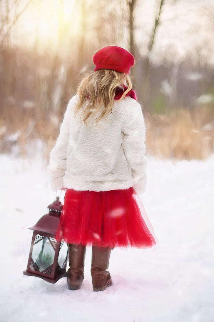 liten flicka, vinter, snö, röd, lykta, kalla, full längd