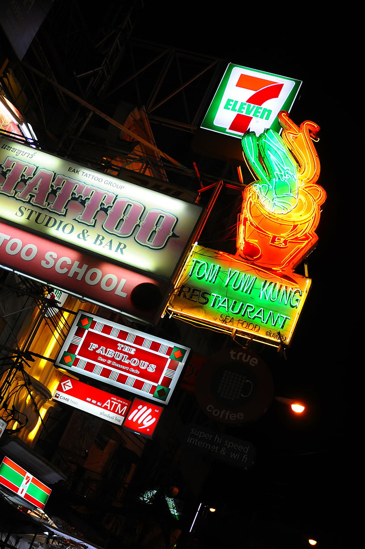 neon, signs, city, night, seven eleven, tattoo, restaurant