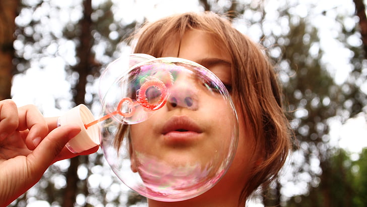 blow bubbles, fun, trees, girl, blowing, call bladder, around