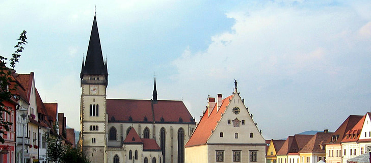 Panorama, staden, Bardejov, Slovakien, kyrkan, Stadshuset, torget