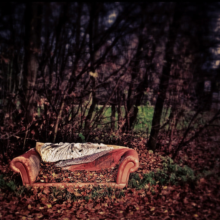 red couch, weathered, couch, sofa