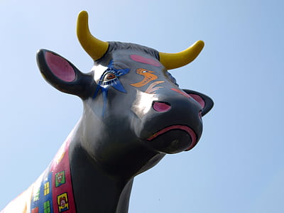 Cow huvud, skulptur, kuhbunt, målade, Visa