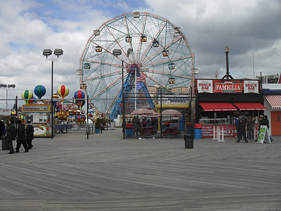đồng bộ, Wonder wheel, công viên giải trí, đi xe, vui vẻ, Boardwalk, Coney island