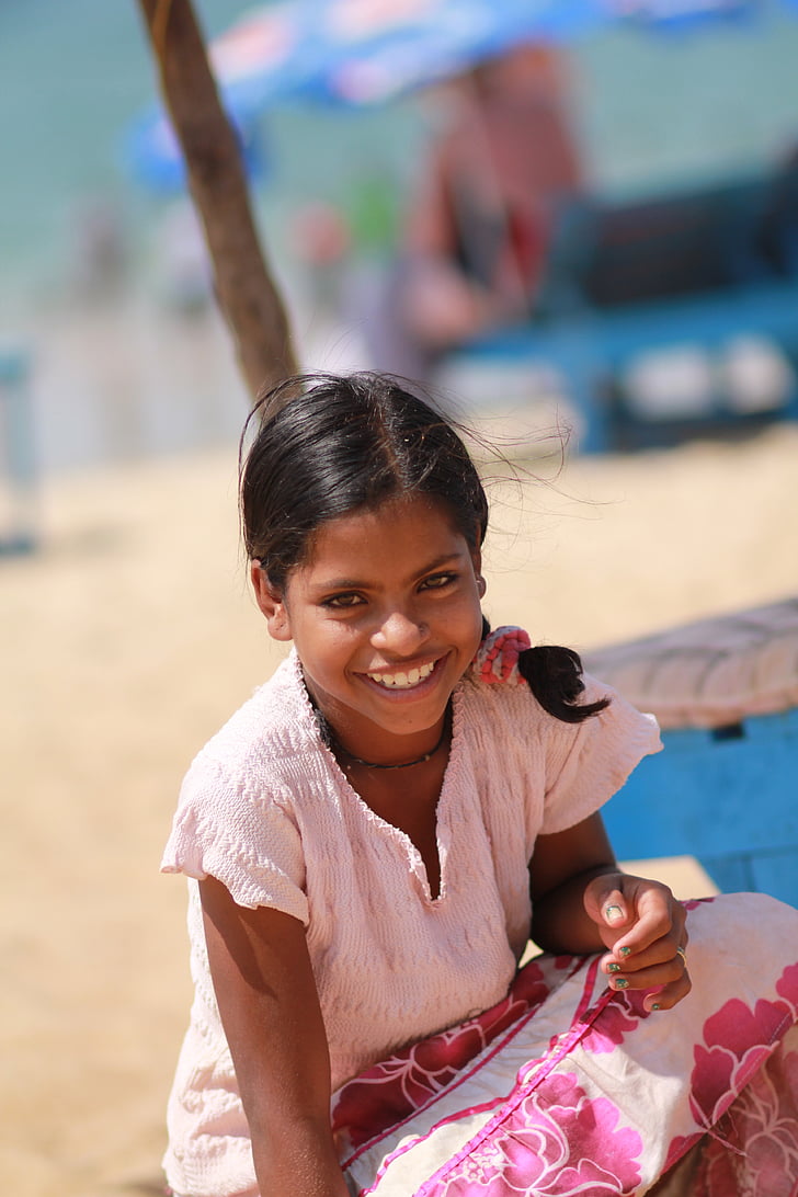 menina, sorriso, pessoa, praia, alegria, Índia, sol
