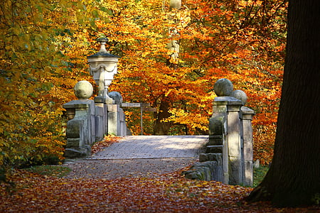 Bridge, hösten, falla lövverk, Slottsparken, Ludwigslust-parchim, skulptur, vas
