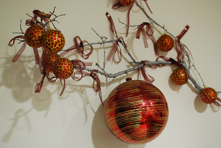 ornament, nytår, jul, ferie, rød, guld, refleksion