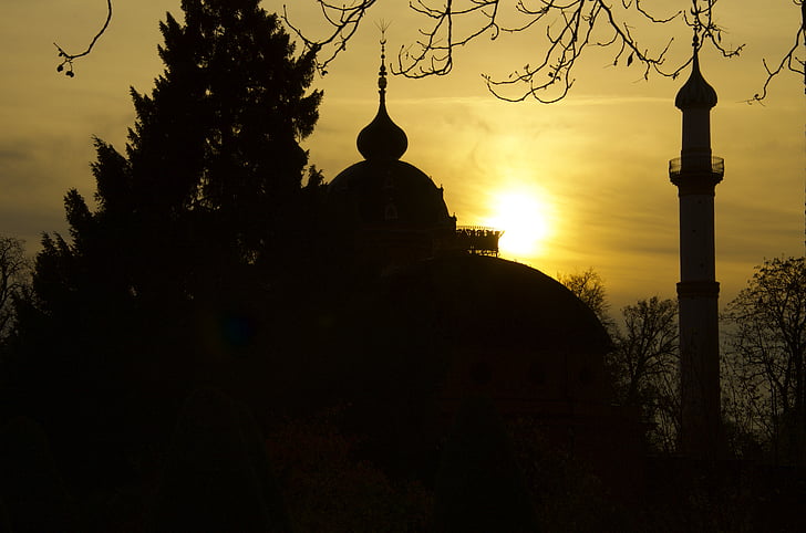 moskén, Minaret, Schwetzingen, Schlossgarten, slott, romantiska, kvällen