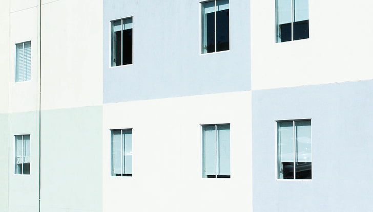 white, blue, concrete, wall, clear, glass, windows