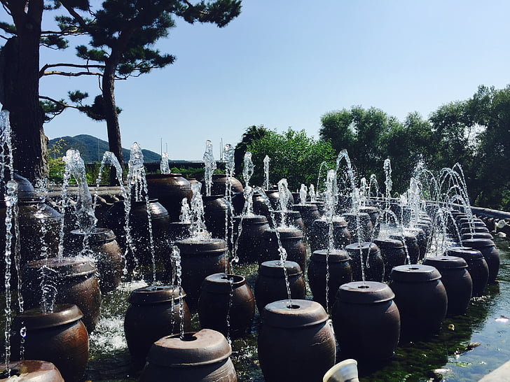 korea, semi circle, fountain, jar, summer, water, lotus