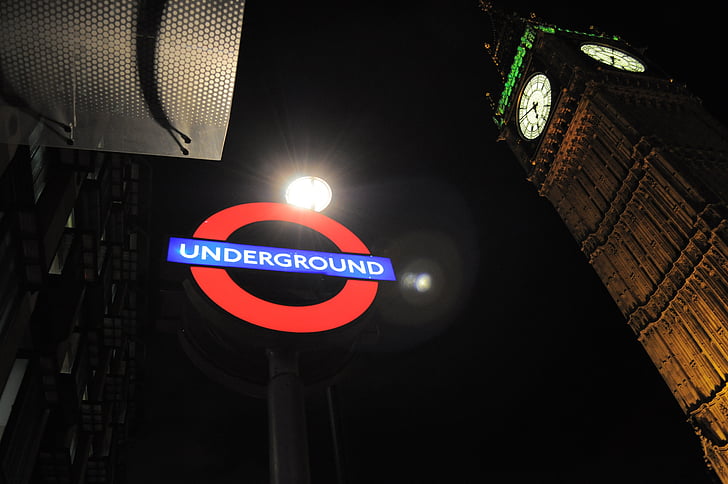 Tube, underground, Westminister, London, natt, Big ben, Tunnelbana