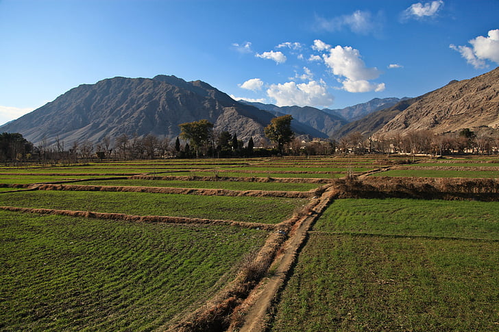 afghanistan, landscape, scenic, sky, clouds, mountains, fields