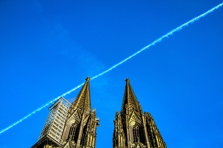 aircraft, cathedral, germany, cologne, sky, plane trace, towers