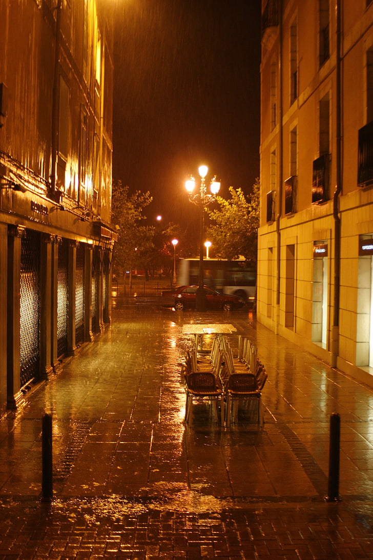 улица, дъжд, нощ, мокър, осветление, разходка, влага