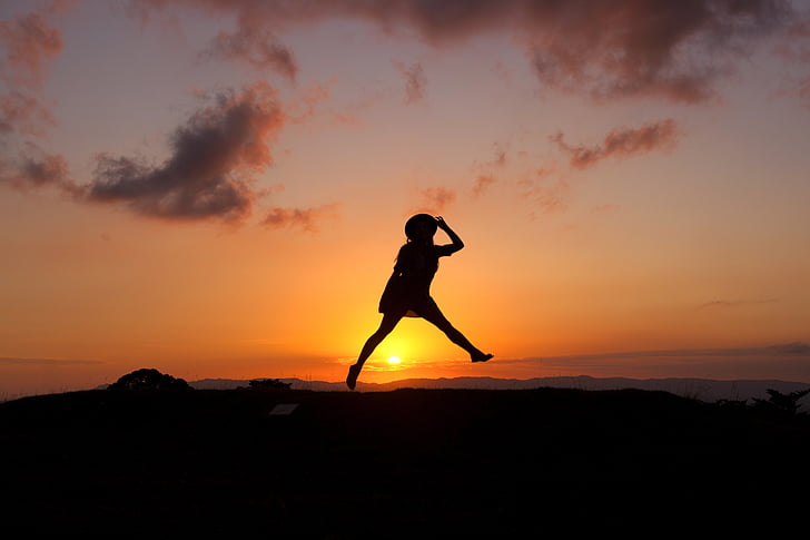 sillhouette, sunset, people, jump, orange, silhouette, one person