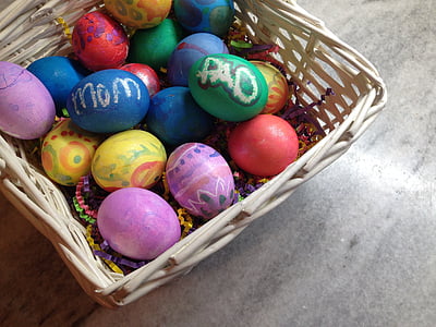 Pasen, easter basket, moeder, Papa, kleurrijke, eieren, mand