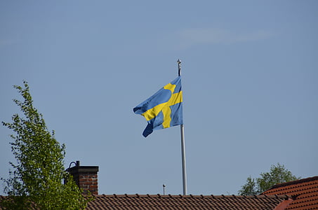 Steagul suedez, cer albastru, vânt