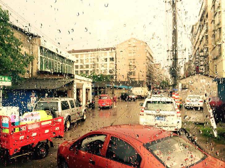 Yiyang, langas, lietus, kelių, gatvė, automobilių, užsiėmęs