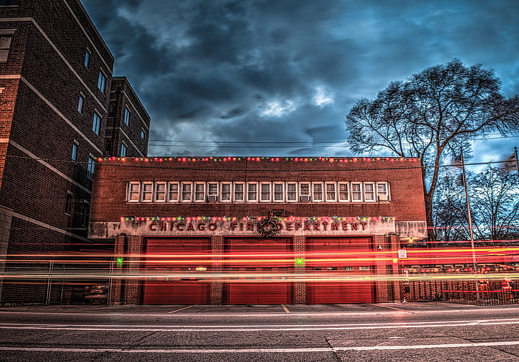 building, fire department, fire station, lights, long-exposure, architecture, night