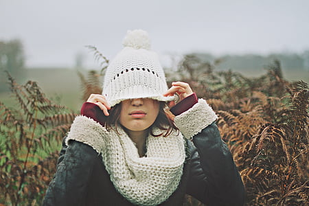 people, woman, bonnet, jacket, cold, weather, leaves