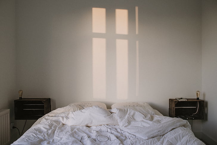 bed, room, pillow, blanket, reflection, sunlight, wooden