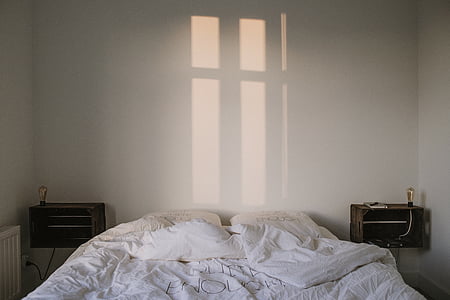 bed, room, pillow, blanket, reflection, sunlight, wooden