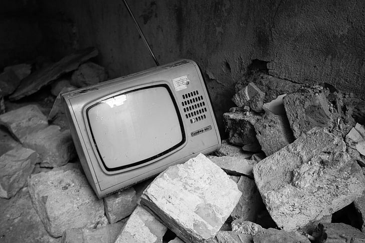 ciudad, TV, descarga, vertedero, blanco y negro, antiguo, retro